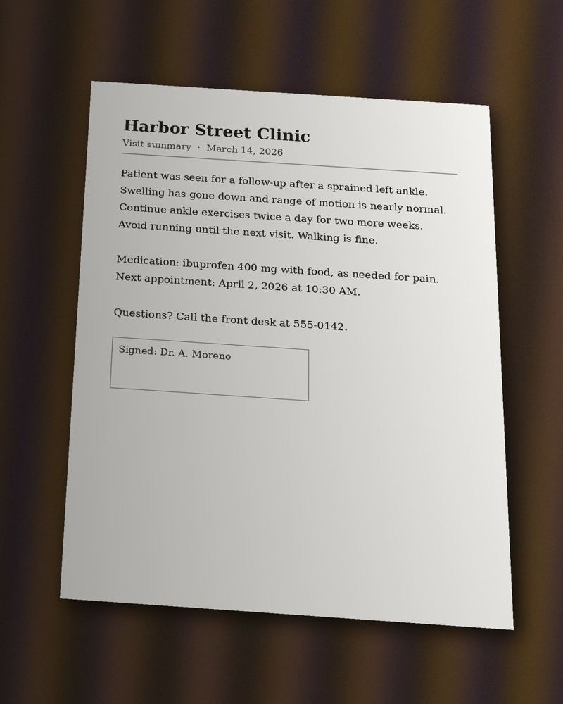 Phone photo of a clinic visit summary, tilted on a desk with uneven lighting